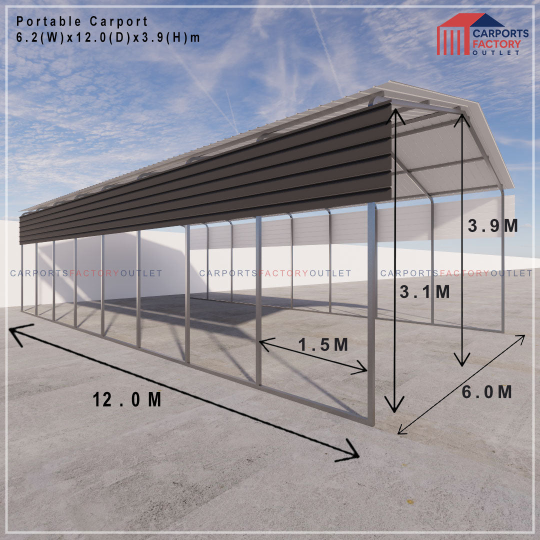 Portable Carport 6.2(W)x12.0(D)x3.9(H)m Gable Roof