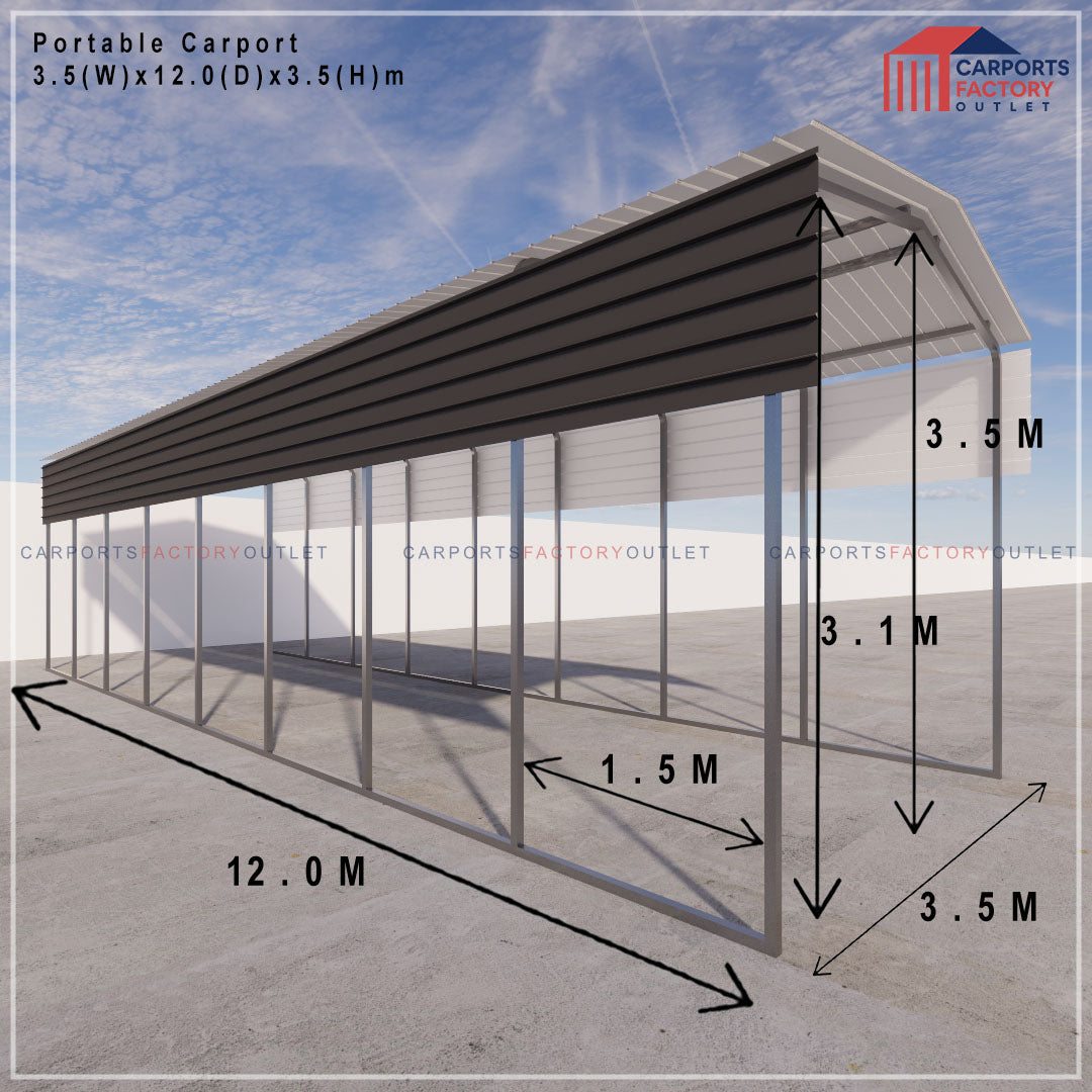 Portable Carport 3.5(W)x12.0(D)x3.5(H)m Gable Roof