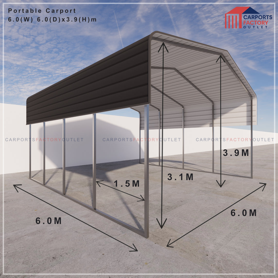 Portable Carport 6.0(W)x6.0(D)x3.9(H)m Wrapped Roof