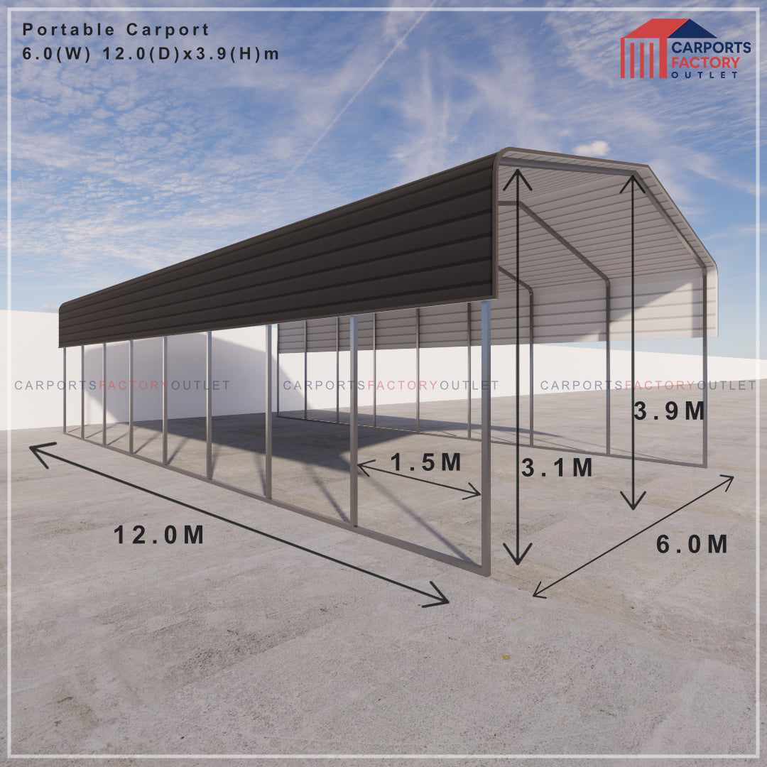Portable Carport 6.0(W)x12.0(D)x3.9(H)m Wrapped Roof