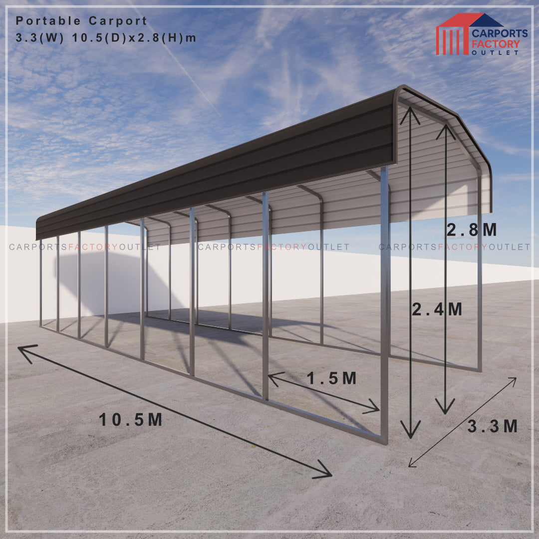 Portable Carport 3.3(W)x10.5(D)x2.8(H)m Wrapped Roof