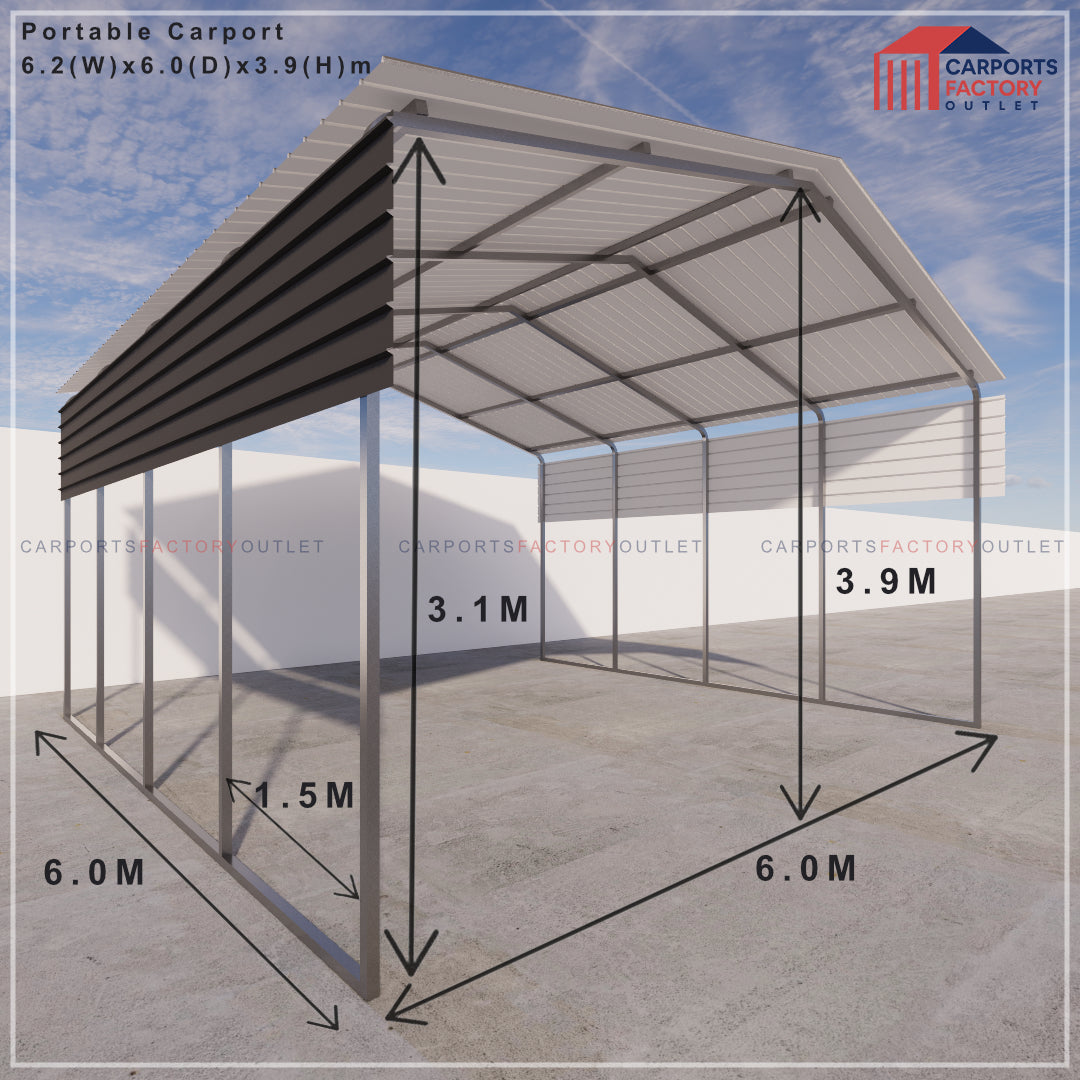 Portable Carport 6.2(W)x6.0(D)x3.9(H)m Gable Roof