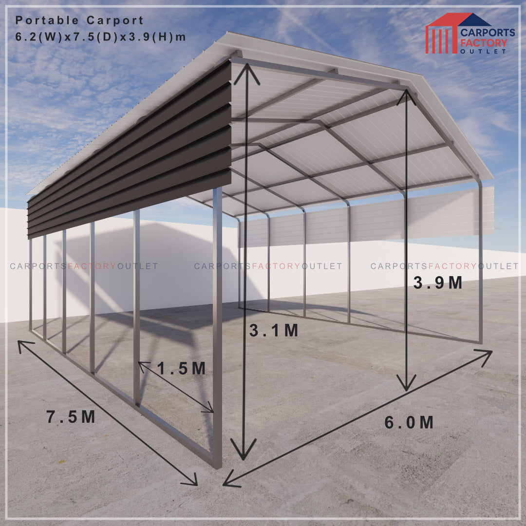 Portable Carport 6.2(W)x7.5(D)x3.9(H)m Gable Roof