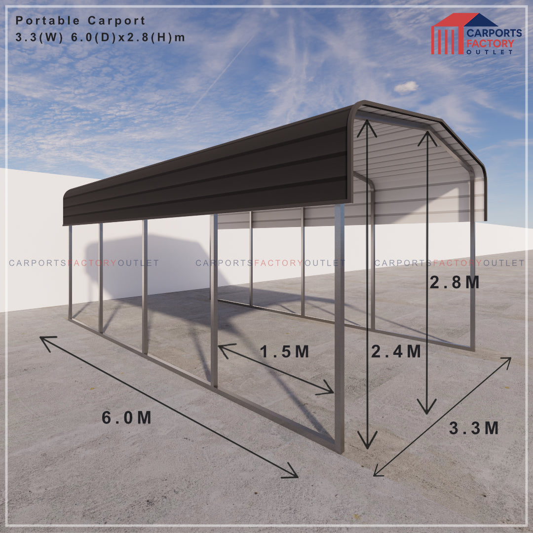 Portable Carport 3.3(W)x6.0(D)x2.8(H)m Wrapped Roof