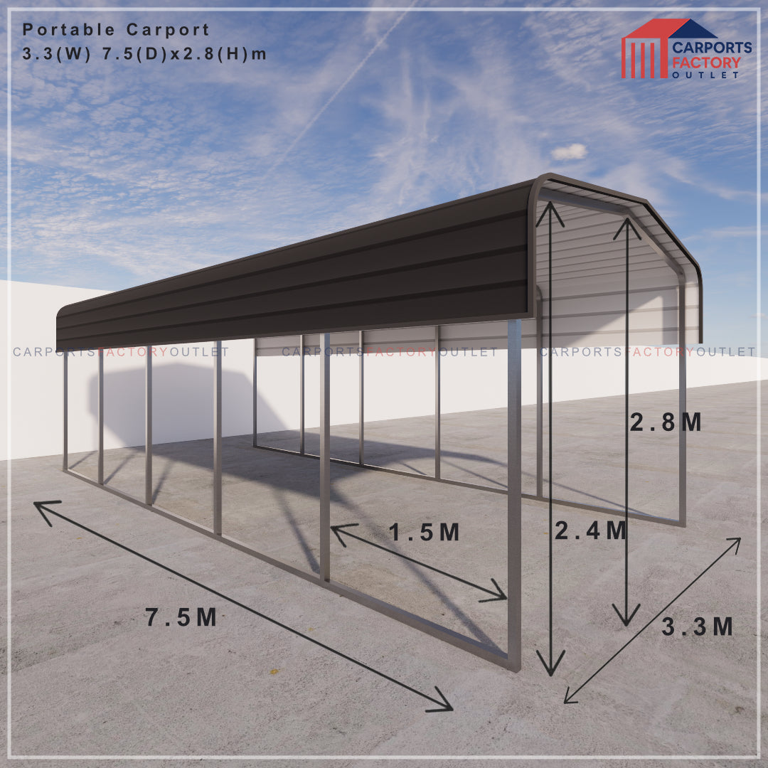 Portable Carport 3.3(W)x7.5(D)x2.8(H)m Wrapped Roof