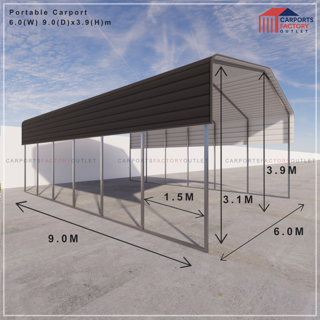 Portable Carport 6.0(W)x9.0(D)x3.9(H)m Wrapped Roof