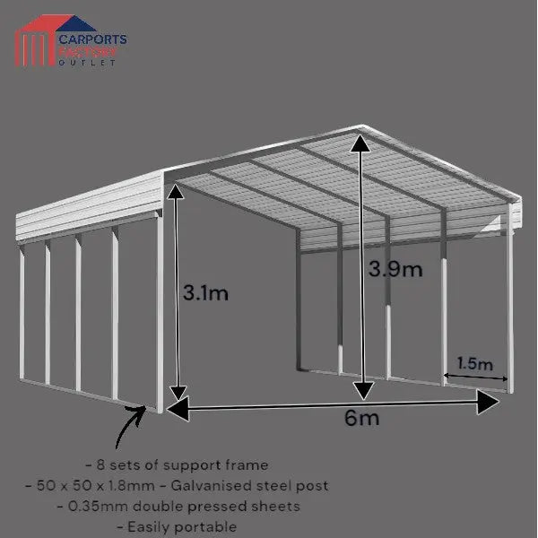 Portable Carport 6.0(W)x10.5(D)x3.9(H)m Wrapped Roof My Store