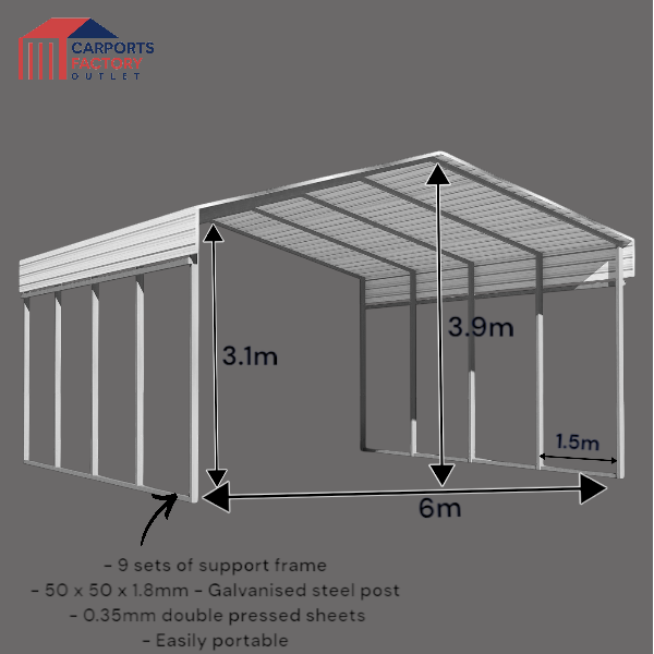 Portable Carport 6.0(W)x12.0(D)x3.9(H)m Wrapped Roof