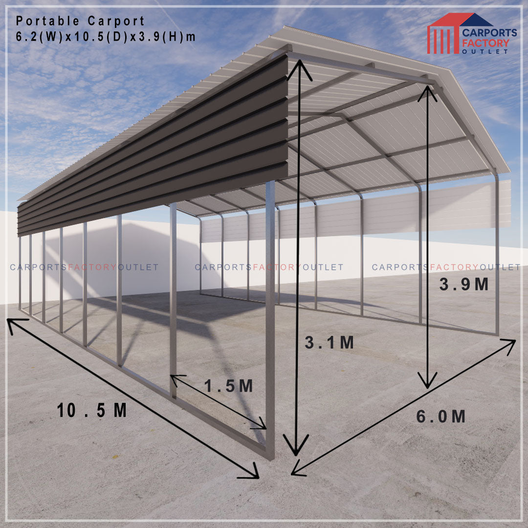 Portable Carport 6.2(W)x10.5(D)x3.9(H)m Gable Roof