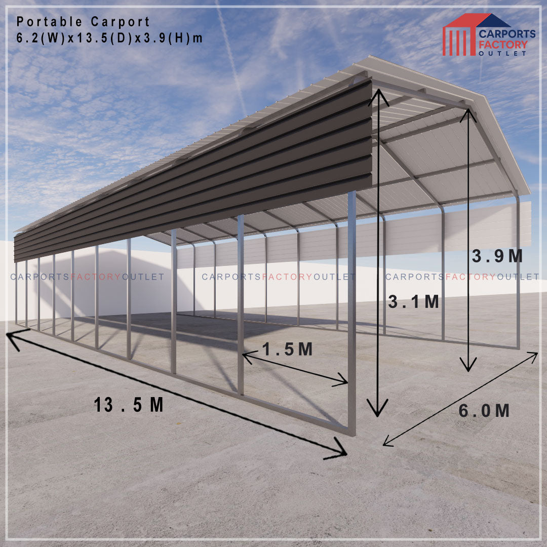 Portable Carport 6.2(W)x13.5(D)x3.9(H)m Gable Roof