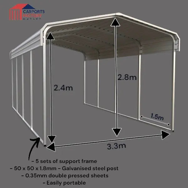 Portable Carport 3.3(W)x6.0(D)x3.9(H)m Wrapped Roof My Store