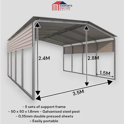 Portable Carport 3.5(W)x6.0(D)x2.8(H)m Gable Roof My Store