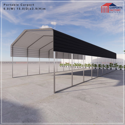 Portable Carport 6.0(W)x15.0(D)x3.9(H)m Wrapped Roof