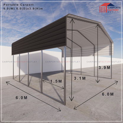 Portable Carport 6.0(W)x6.0(D)x3.9(H)m Wrapped Roof