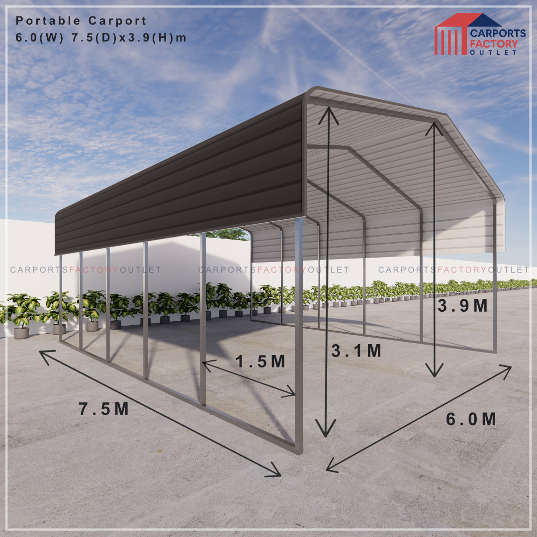 Portable Carport 6.0(W)x7.5(D)x3.9(H)m Wrapped Roof