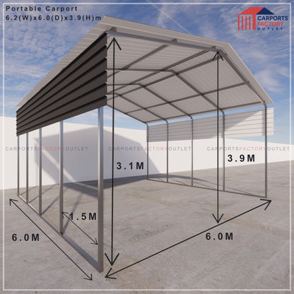 Portable Carport 6.2(W)x6.0(D)x3.9(H)m Gable Roof
