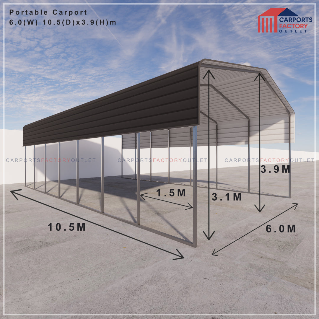 Portable Carport 6.0(W)x10.5(D)x3.9(H)m Wrapped Roof
