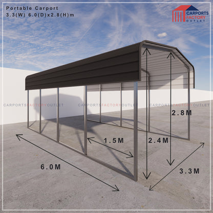 Portable Carport 3.3(W)x6.0(D)x2.8(H)m Wrapped Roof