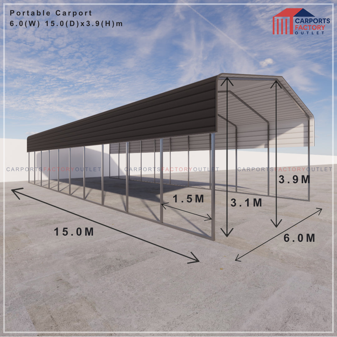 Portable Carport 6.0(W)x15.0(D)x3.9(H)m Wrapped Roof