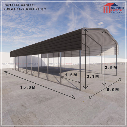 Portable Carport 6.0(W)x15.0(D)x3.9(H)m Wrapped Roof