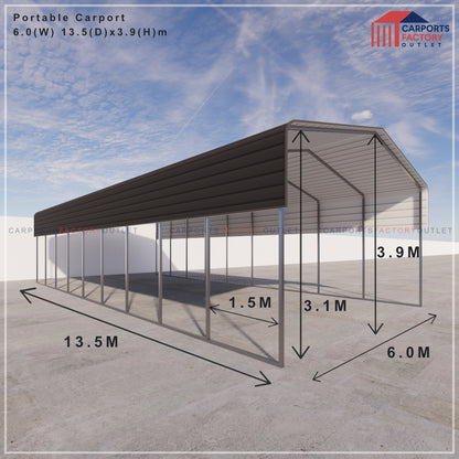 Portable Carport 6.0(W)x13.5(D)x3.9(H)m Wrapped Roof