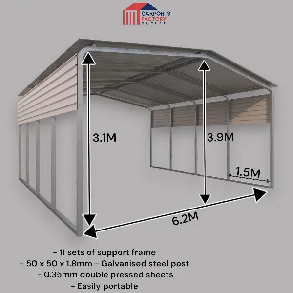 Portable Carport 6.2(W)x15.0(D)x3.9(H)m Gable Roof My Store