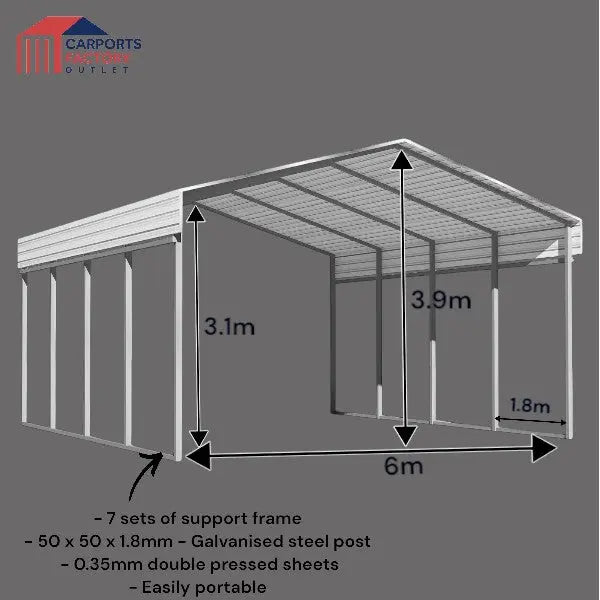 Portable Carport 6.0(W)x10.8(D)x3.9(H)m Wrapped Roof My Store