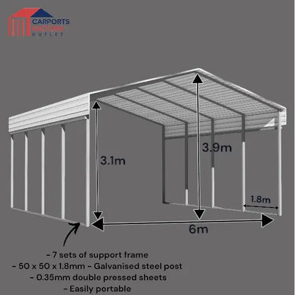 Portable Carport 6.0(W)x10.8(D)x3.9(H)m Wrapped Roof My Store