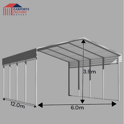 Portable Carport 6.0(W)x12.0(D)x3.9(H)m Wrapped Roof