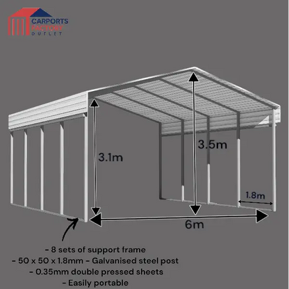 Portable Carport 6.0(W)x12.6(D)x3.5(H)m Wrapped Roof My Store