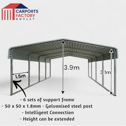 Portable Carport 6.0(W)x7.5(D)x3.9(H)m Wrapped Roof My Store