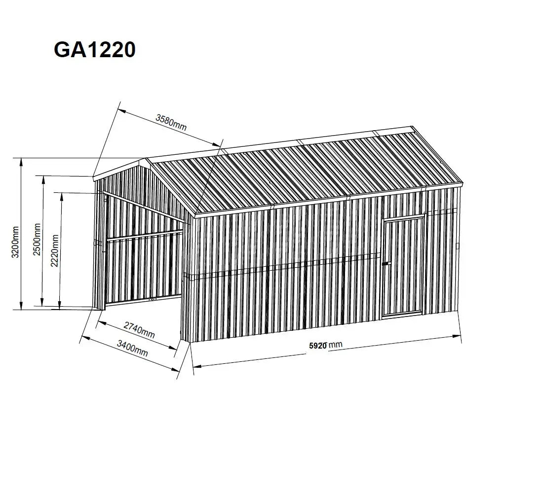 Steel Structure Shed 3.4(W)x5.9(D)x3.2(H)m Workshop Garage with Roller Door & Single Door - Carports Factory Outlet