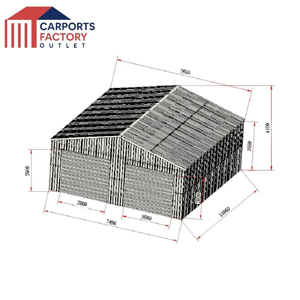 Steel Structure Shed 7.6(W)x15.0(D)x4.1(H)m Double Auto Roller Doors & Single Door - Carports Factory Outlet